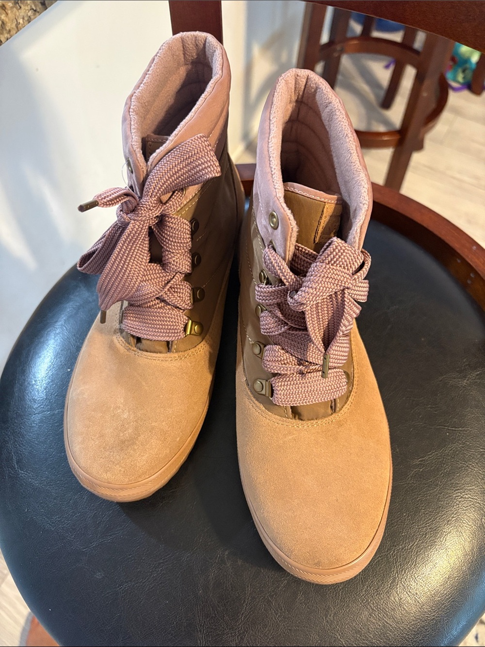 Keen Tan Suede Ankle Boots with Dusty Pink Laces